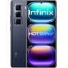Na zdjęciu widoczny jest smartfon z trzema obiektywami aparatu z tyłu oraz ekranem z przodu, na którym wyświetlają się napisy "Infinix" i "HOT 50 Pro+". Obudowa urządzenia jest w kolorze czarnym, a na niej znajduje się logo "Infinix".