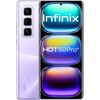 Fioletowy smartfon z trzema aparatami z tyłu i wyświetlaczem z przodu, na którym widnieje tekst "Infinix HOT 50 Pro+". Na obudowie z tyłu znajduje się logo "Infinix".
