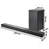 Czarny soundbar i subwoofer z widocznymi wymiarami: soundbar ma 1000 mm długości, 67 mm wysokości i 105 mm głębokości, a subwoofer 240 mm szerokości, 420 mm wysokości i 240 mm głębokości. Na soundbarze widoczne są napisy: "JVC", "ARC" oraz "Dolby Atmos".