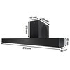 Na zdjęciu znajduje się czarny soundbar oraz bezprzewodowy subwoofer. Widoczne są wymiary: soundbar ma 870 mm długości, 90 mm głębokości i 63 mm wysokości, a subwoofer ma 110 mm szerokości, 258 mm głębokości i 370 mm wysokości. Na subwooferze widnieje log