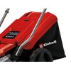 Czerwona obudowa kosiarki elektrycznej z widocznym logo "Einhell" na czarnym koszu na trawę. Na obudowie znajduje się panel z piktogramami oraz napisem "ELECTRIC LAWNMOWER".