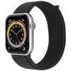 Czarny pasek do zegarka Apple Watch z wyświetlaczem pokazującym tarczę zegara z białymi cyframi i wskazówkami oraz kolorowym pierścieniem z oznaczeniami temperatury i UV. Na ekranie widoczny jest również tekst: "COOL - DUA LIPA 375 - 19 04".