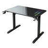 Czarne biurko gamingowe z kolorowymi akcentami na blacie i logo "ULTRADESK" w rogu. Biurko ma solidne, metalowe nogi i uchwyt na kubek.