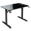 Czarne biurko gamingowe z kolorowymi akcentami na blacie i nogach, wyposażone w uchwyt na kubek oraz haczyk na słuchawki. Na blacie widoczne jest logo "ULTRADESK".