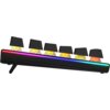 Czarna klawiatura mechaniczna z podświetleniem RGB, widoczna z boku, z sześcioma klawiszami o żółtych przełącznikach. Podświetlenie zmienia się płynnie od czerwonego przez różowy do niebieskiego.