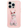 Różowe etui na telefon z nadrukiem kota w różowych okularach i sweterku, ozdobionego naszyjnikiem. Na etui widoczny jest tekst: "NIMMY Friends" oraz "Make your move unique!" i "NY20050".