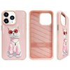Różowe etui na telefon z nadrukiem kota w czerwonych okularach i różowym ubraniu, z napisem "NIMMY Friends" oraz "Nimmy" na wewnętrznej stronie. Etui ma wycięcia na aparat i przyciski, a na boku widoczny jest napis "NIMMY".