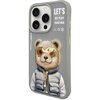 Szare etui na telefon z nadrukiem misia w okularach przeciwsłonecznych i kurtce, na której widnieje napis "NIMMY". Na etui znajduje się również tekst: "LET'S GO PLAY TOGETHER" oraz "NIMMY Friends", a także kilka symboli graficznych.