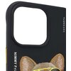 Czarne etui na telefon z dużym otworem na aparat, ozdobione haftowanym wizerunkiem psa w okularach przeciwsłonecznych. Na etui widoczne są napisy: "NIMMY Friends" oraz "YJ202101".