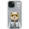 Szare etui na telefon z nadrukiem misia w żółtych okularach i srebrnej kurtce z napisem "NIMMY". W górnej części etui znajduje się tekst: "LET'S GO PLAY TOGETHER", a po boku napis "NIMMY Friends" oraz symbole recyklingu.