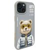 Etui na telefon w kolorze szarym przedstawia misia w kurtce z napisem "NIMMY" oraz okularach przeciwsłonecznych. Na etui widnieje tekst "LET'S GO PLAY TOGETHER" oraz "NIMMY Friends", a także symbole recyklingu.