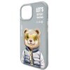 Szare etui na telefon z grafiką misia w złotych okularach i kurtce z napisem "NIMMY". Na etui widnieje tekst: "LET'S GO PLAY TOGETHER" oraz "NIMMY Friends", a także symbole recyklingu.