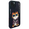 Czarne etui na telefon z nadrukiem kota w okularach przeciwsłonecznych i bluzie z kapturem, ozdobione łańcuchem. Na etui widnieją napisy: "NIMMY Friends" oraz "I'M NOT COOL BUT I'M CUTE Y2023".