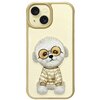 Etui na telefon w kolorze khaki przedstawia haftowanego psa w okularach, ubranego w sweter z wzorem. Na etui widoczny jest tekst: "NIMMY Friends" oraz "You give me the best feeling".