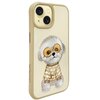 Etui na telefon w kolorze khaki przedstawia haftowanego psa w okularach i sweterku. Na etui widoczny jest tekst: "NIMMY Friends" oraz "Dream big, be grateful".