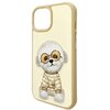 Etui na telefon w kolorze khaki przedstawia haftowanego psa w okularach i sweterku. Na etui widoczny jest tekst: "NIMMY Friends" oraz "good day my friend".