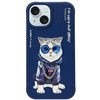 Niebieskie etui na telefon przedstawia kota w okularach przeciwsłonecznych, ubranym w bluzę z kapturem i łańcuchem z napisem "EDM". Na etui widoczne są napisy: "NIMMY Friends", "YJ202103" oraz "F**k You And Smoke".