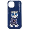 Niebieskie etui na telefon z grafiką kota w okularach przeciwsłonecznych, ubranego w bluzę z kapturem i łańcuchem. Na etui widnieją napisy: "NIMMY Friends", "EDM" oraz "Funky and Unique VJ.202103".