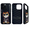 Czarne etui na telefon z nadrukiem kota w okularach i bluzie z łańcuchem, z napisem "I'M NOT COOL BUT I'M CUTE" oraz "NIMMY Friends". Wewnątrz etui widoczny jest wzór w paski z napisem "Nimmy".
