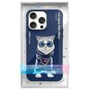Etui na telefon w kolorze niebieskim z nadrukiem kota w okularach i bluzie, ozdobionego łańcuchem z napisem "EDM". Na etui widoczne są napisy: "NIMMY Friends", "I'M UGLY AND UNIQUE", "YD202103", a na opakowaniu napis "Nimmy" oraz "Embroidered phone case 3
