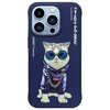 Niebieskie etui na telefon z grafiką kota w okularach przeciwsłonecznych, ubranego w fioletową bluzę z napisem "EDM" i łańcuchem. Na etui widnieją napisy: "NIMMY Friends", "I'm lucky and unique", oraz "YJ20103".