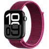 Fioletowy pasek nylonowy do zegarka Apple Watch, widoczny w całości, z dużym wyświetlaczem zegarka pokazującym godzinę 10:09. Pasek ma teksturę plecionki i jest przymocowany do zegarka z czarną kopertą.