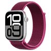 Fioletowy pasek nylonowy do zegarka Apple Watch, widoczny na zdjęciu, jest przymocowany do srebrnej koperty zegarka z wyświetlaczem pokazującym godzinę 10:09. Pasek ma teksturę plecionki i jest zaprojektowany do modeli o rozmiarach 38/40/41/42 mm.