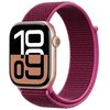 Fioletowy pasek nylonowy do zegarka Apple Watch z dużym, czytelnym wyświetlaczem pokazującym godzinę 10:09. Pasek ma teksturowaną powierzchnię i jest przymocowany do złotej koperty zegarka.