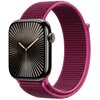 Fioletowy pasek nylonowy do zegarka Apple Watch, widoczny na zdjęciu, jest przymocowany do zegarka z czarną kopertą i tarczą z promienistym wzorem. Zegarek ma wskazówki godzinową i minutową, a pasek ma teksturę plecionki.