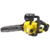 Żółto-czarna piła akumulatorowa z widocznym napisem "BRUSHLESS V20" na prowadnicy oraz oznaczeniem długości 12 cali/30 cm. Na obudowie znajduje się logo "STANLEY" oraz napis "STANLEY FATMAX".