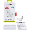 Opakowanie ładowarki sieciowej XLINE WCF650W 65W GAN w kolorze białym z widocznymi napisami: "65W ULTRA FAST", "GaN", "SLIM WALL CHARGER", "Ultra Thin", "27W USB-A", "65W USB-C", "2 Ports", oraz "Ideal for laptop, smartphone & tablet". Obok opakowania zna