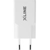 Biała ładowarka sieciowa z dwoma metalowymi wtykami, na której widnieje logo "XLINE" w kolorze szarym. Produkt ma prostokątny kształt z zaokrąglonymi krawędziami.