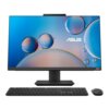 Na zdjęciu znajduje się komputer stacjonarny typu all-in-one z dużym ekranem, na którym widoczne są kolorowe bańki na niebieskim tle oraz logo "ASUS". Przed monitorem umieszczono czarną klawiaturę i myszkę.