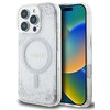 Przezroczyste etui na telefon z brokatowym wykończeniem i okrągłym wzorem MagSafe, na którym widnieje napis "GUESS". Obok etui znajduje się telefon z kolorowym wyświetlaczem.