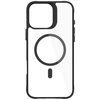 Przezroczysto-czarne etui na telefon z wyraźnym, okrągłym wzorem na środku, przeznaczone do modelu Apple iPhone 16 Pro. Etui posiada wycięcia na aparat oraz przyciski boczne, a jego krawędzie są wzmocnione ciemnym materiałem.