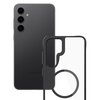 Na zdjęciu widoczny jest czarny smartfon z trzema obiektywami aparatu oraz przezroczysto-czarne etui z okrągłym wycięciem. Na obudowie telefonu znajduje się napis "SAMSUNG".