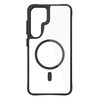 Przezroczysto-czarne etui na telefon z wycięciem na aparat i dużym okręgiem na środku tylnej części. Etui ma czarną ramkę i jest przeznaczone do modeli Samsung Galaxy S24/S25.