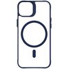 Przezroczysto-niebieskie etui na telefon z wyraźnym, ciemnym okręgiem i pionowym paskiem na środku. Etui ma wycięcie na aparat w górnej części.