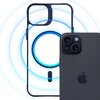 Przezroczysto-niebieskie etui z okrągłym wzorem na środku, przeznaczone do telefonu, jest pokazane obok ciemnego telefonu z dwoma obiektywami aparatu. Na telefonie widoczne jest logo w kształcie nadgryzionego jabłka.