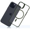 Przezroczysto-zielone etui do Apple iPhone 15 z widocznym okręgiem na środku i wycięciem na aparat. Obok znajduje się ciemny telefon z logo w kształcie nadgryzionego jabłka.