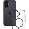 Na zdjęciu widoczny jest ciemny smartfon z dwoma obiektywami aparatu i logo w kształcie nadgryzionego jabłka. Obok znajduje się przezroczysto-zielone etui z okrągłym wzorem, przeznaczone do tego modelu telefonu.