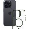 Na zdjęciu widoczny jest ciemny smartfon z trzema obiektywami aparatu oraz logo w kształcie nadgryzionego jabłka. Obok znajduje się przezroczysto-zielone etui z wycięciami na aparat i okrągłym wzorem na środku.