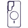 Przezroczysto-fioletowe etui na telefon z wycięciami na aparat i przyciski, posiada okrągły wzór na środku. Etui jest przeznaczone do modeli Samsung Galaxy S24/S25.