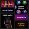 Na zdjęciu znajduje się zestaw sześciu kolorowych grafik z tekstami: "16 Million Colors", "Dynamic Lighting", "Sync in Motion", "RGBIC Graffiti", "Versatile Use" oraz "Magnetic Snap-on". W jednej z grafik widoczny jest telefon z aplikacją do sterowania oświetleniem.