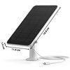 Na zdjęciu znajduje się czarny panel solarny na białej podstawie, z podłączonym kablem. Wymiary panelu to 16,9 cm na 11,6 cm, a jego grubość wynosi 1,4 cm.