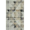 Dywan wewnętrzny o wymiarach 80 x 150 cm w kolorze żółtym, z geometrycznym wzorem składającym się z kratek i trójkątów w odcieniach czerni, szarości i beżu. Wzór tworzy efekt przecinających się linii i kształtów.