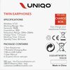 Na zdjęciu znajduje się opakowanie słuchawek dokanałowych z logo "UNIQO" oraz napisem "TWIN EARPHONES". Widoczne są specyfikacje techniczne, zawartość opakowania, informacje o ładowarce 380 mAh, oznaczenia CE, oraz napis "Made in China".