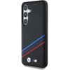 Czarne etui na telefon z trzema pionowymi otworami na aparaty, ozdobione ukośnymi paskami w kolorach niebieskim, granatowym i czerwonym. Na dole widoczne są dwa logotypy: okrągłe z literą "M" oraz prostokątne z literą "M" w kolorach niebieskim, granatowym