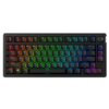 Czarna klawiatura mechaniczna z podświetleniem RGB, posiadająca klawisze funkcyjne od F1 do F12 oraz dodatkowe przyciski, takie jak ESC, TAB, CAPS, SHIFT, CTRL, ALT, ENTER, HOME, PG UP, PG DN. Na klawiaturze widoczne jest logo HyperX.