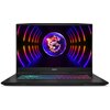 Na zdjęciu widoczny jest laptop z kolorową klawiaturą, na ekranie którego wyświetla się grafika z neonowymi liniami i stylizowanym smokiem w okręgu. Na obudowie laptopa znajduje się logo "MSI".
